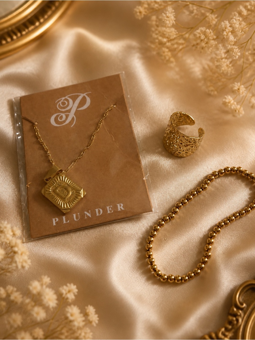 Plunder Gold Square Initial Necklace with Sunburst Detail